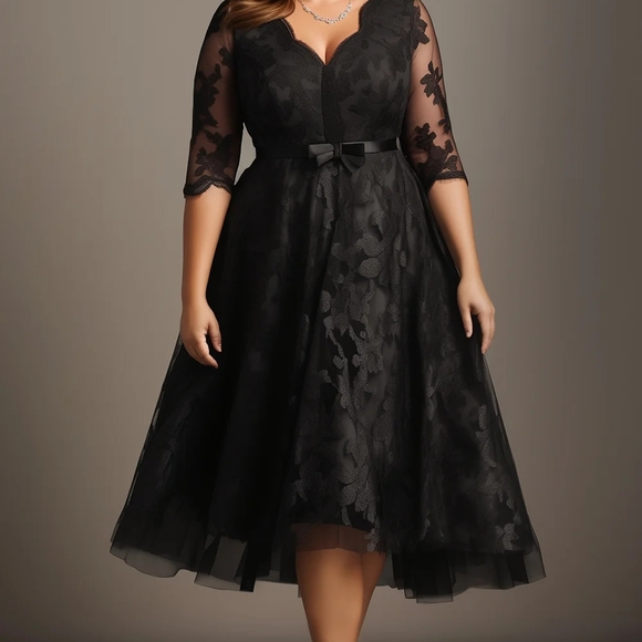 FlyCurvy Dresses & Skirts - NEW NWT FlyCurvy Plus Size Elegant Black Lace Midi Evening Dress Size 5X/22